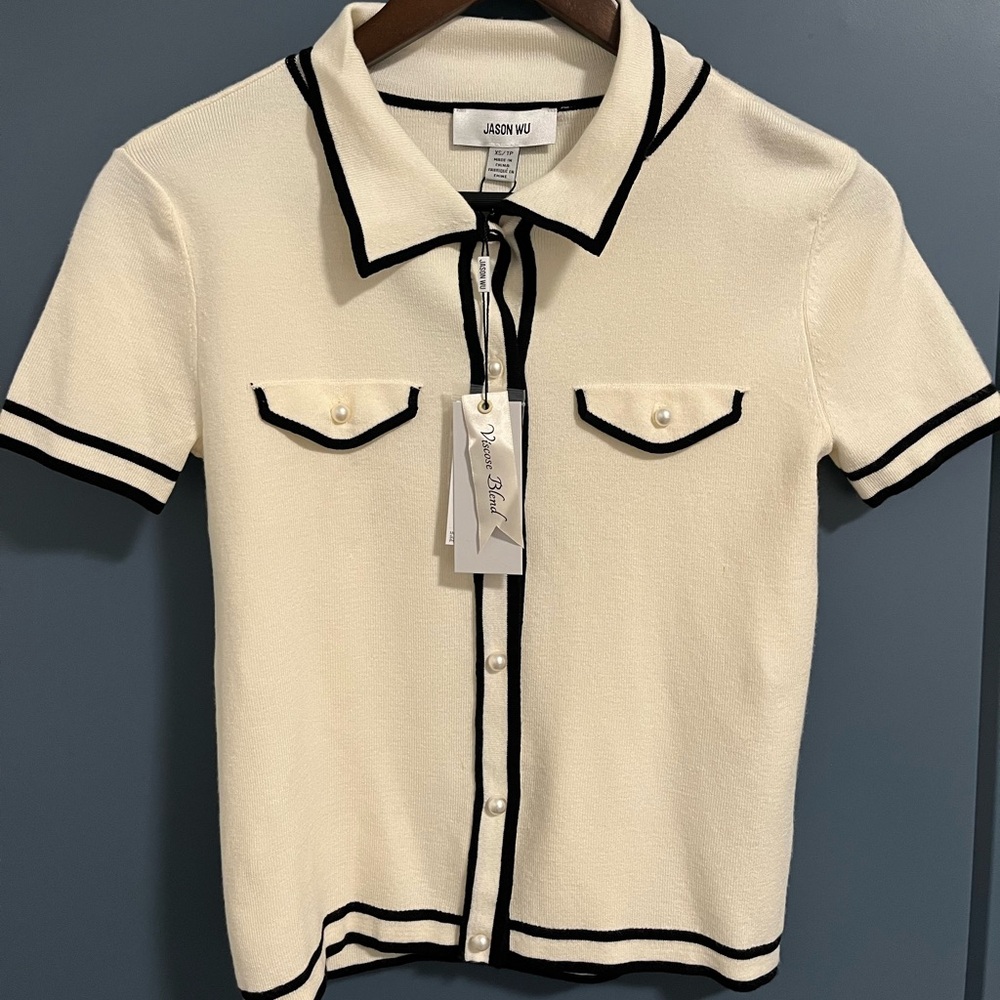 Jason Wu Ivory Button Down Shirt/ Cardigan Top with Black Trim